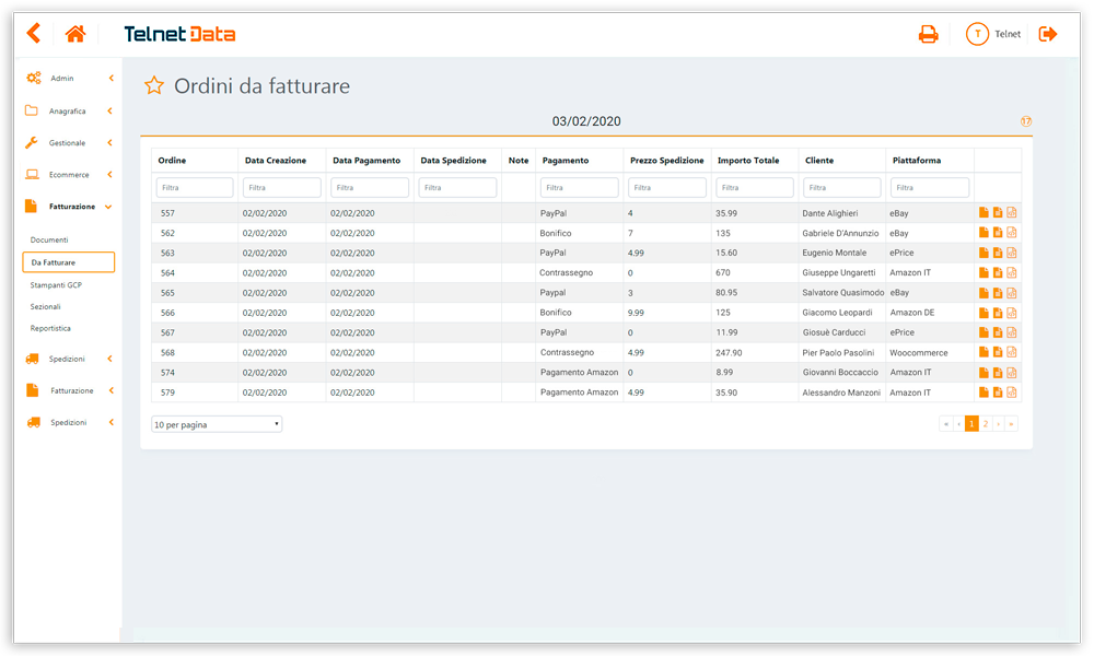 Schermata software gestione ordini e-commerce Telnet Data