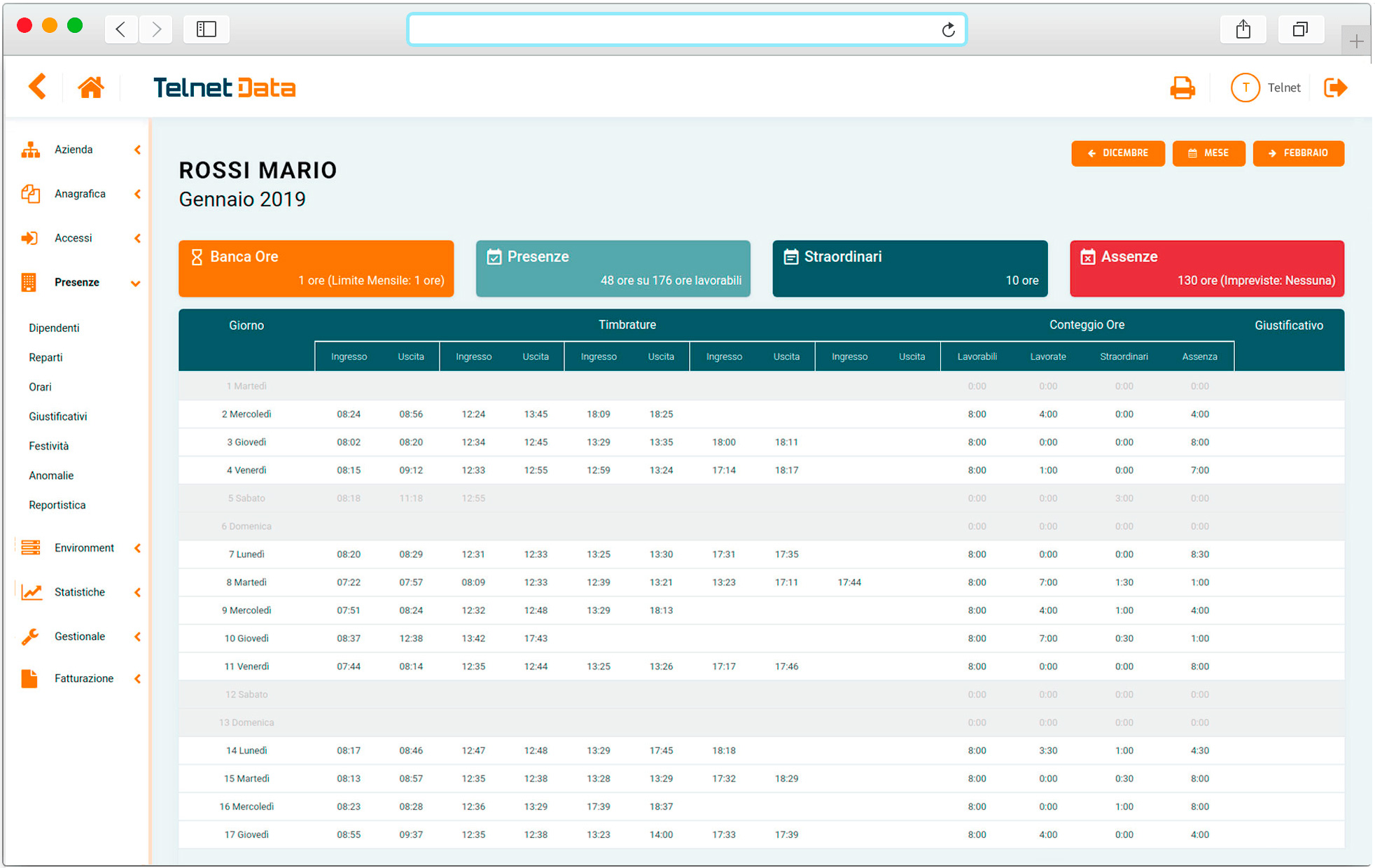 Schermata software gestionale cartellini dipendenti Telnet Data