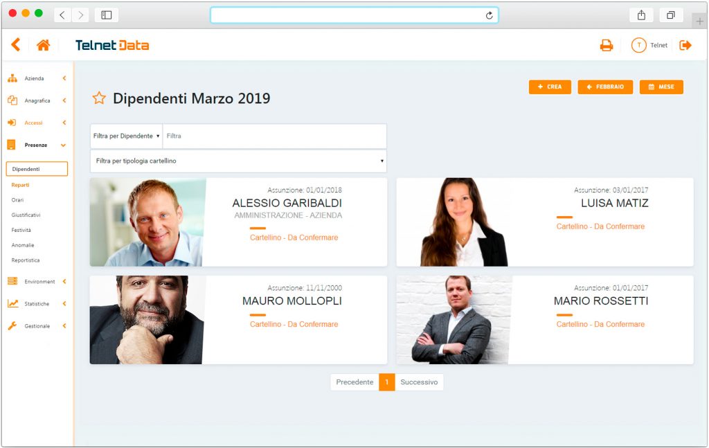 Schermata software gestionale dipendenti Telnet Data