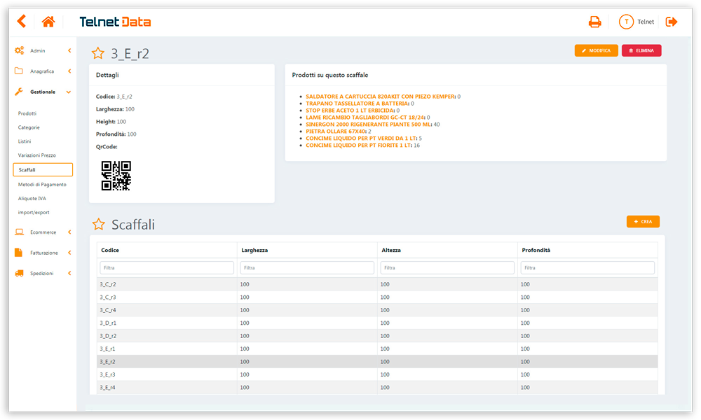 Schermata software gestione scaffali e-commerce Telnet Data