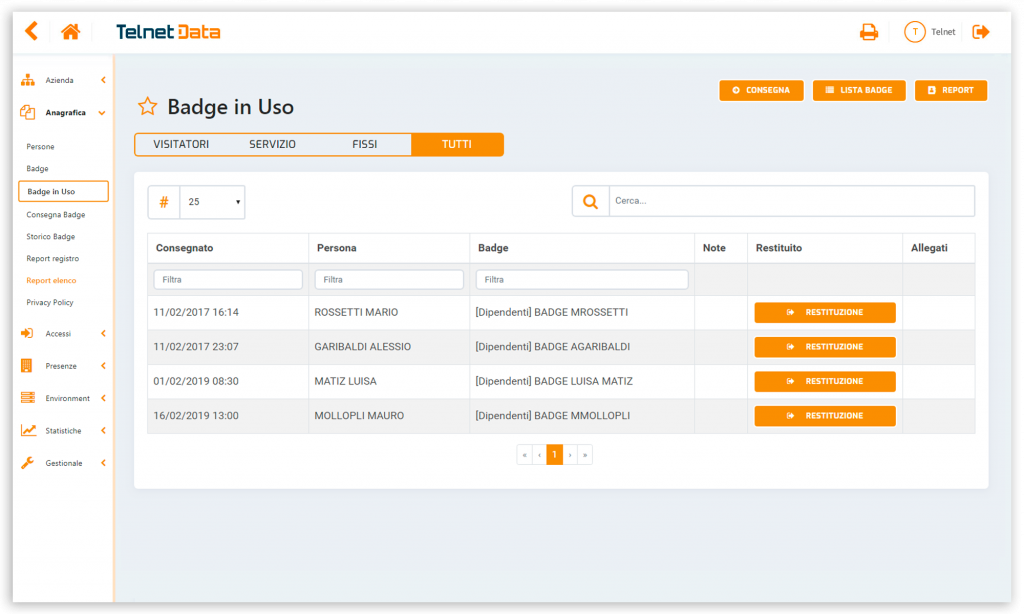 Schermata software gestionale accessi e badge in uso Telnet Data