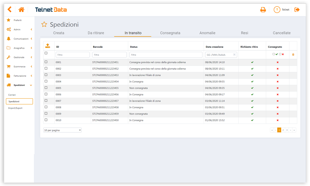 Dashboard spedizioni software Telnet Data