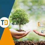 Ecommerce e sostenibilità: mano con un albero e mano con un carrello della spesa