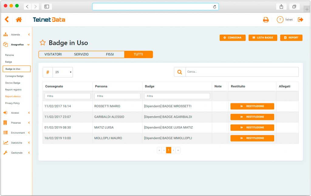 Schermata software gestionale badge dipendenti Telnet Data