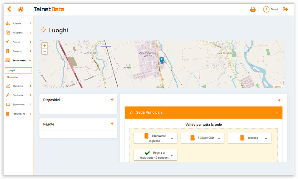 Schermata software gestionale luoghi accesso dispositivi Telnet Data