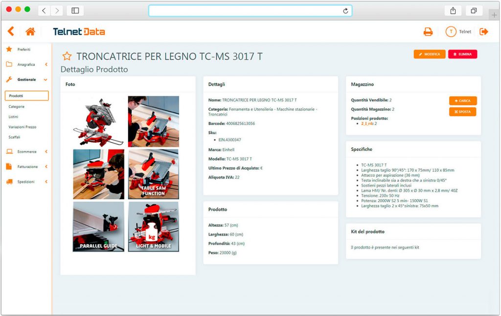 Schermata software gestionale e-commerce Telnet Data