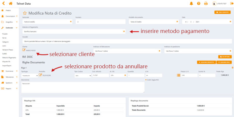 nota di credito software telnet data annullamento schermata