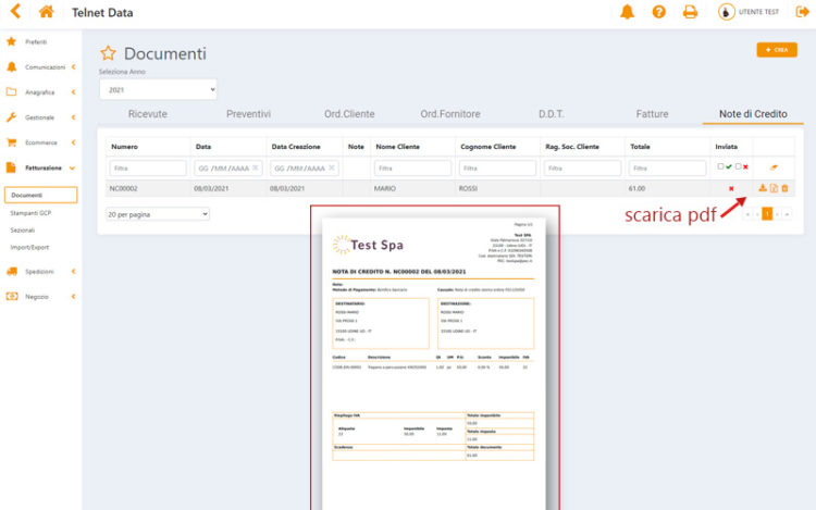 nota di credito software telnet data esporta pdf