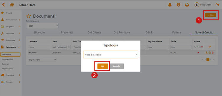 nota di credito software telnet data